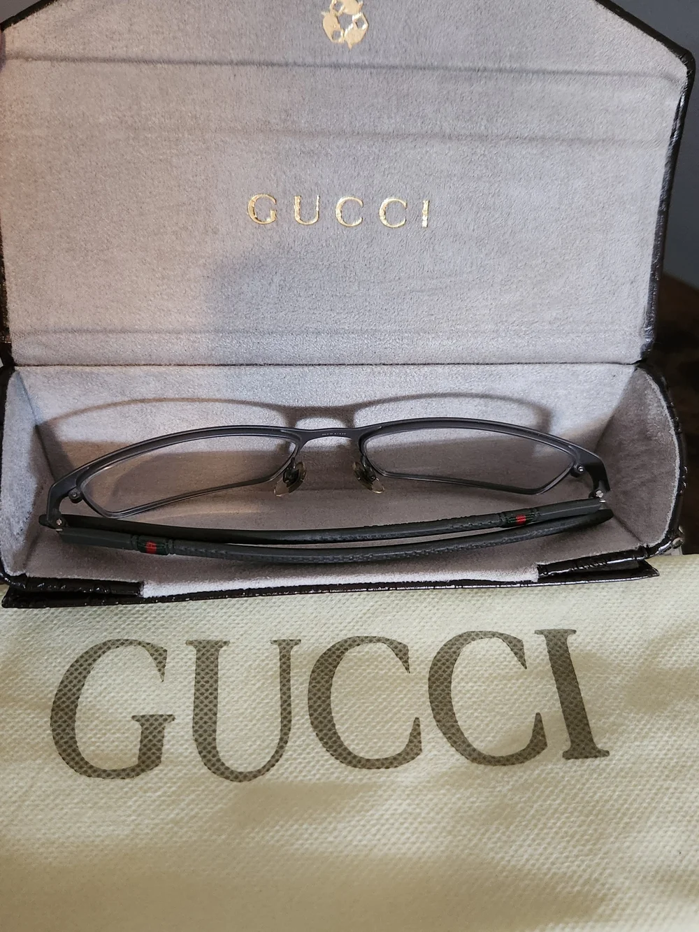 Gucci Brown Monogram Eyeglass Case with Dark Brown Frames. EUC With COA